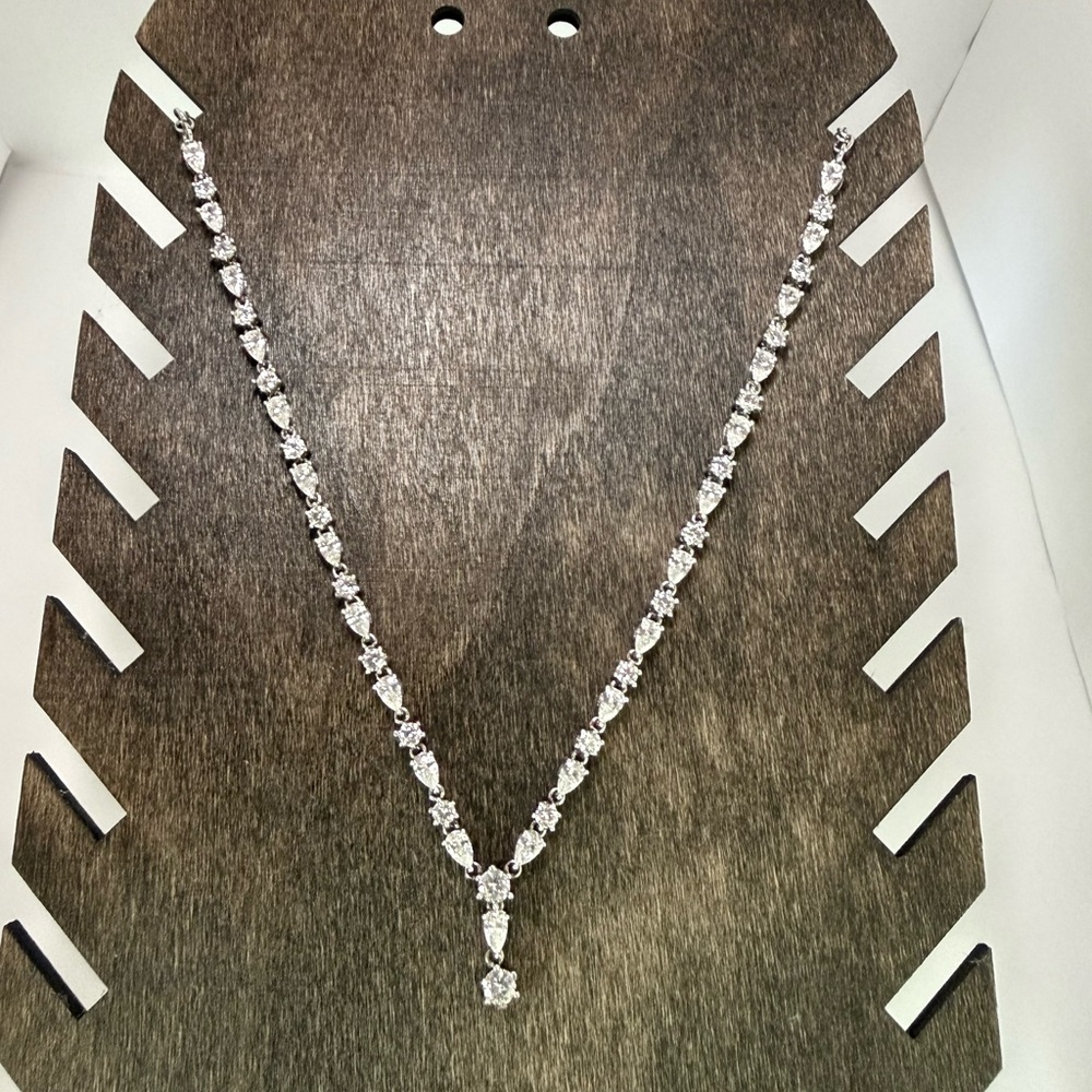 Vintage JCM CZ Tennis Necklace Pear Drop Pendant Silver Tone 17.5” Glam